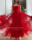 Booma Red Polka Dots Tulle Prom Dresses Spaghetti Straps Ribbons Tied Bow Tealength Prom Gowns Tiered Aline Formal Party