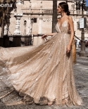 Sparkly  Backless Prom Dresses Gold Plunging Vneck Sequin Long Evening Dresses Spaghetti Straps Aline Formal Party Gowns