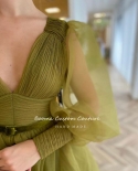 Booma Green Organza Prom Dresses Deep Vneck Long Puff Sleeves Pleated Evening Dresses Velvet Belt Aline Prom Gowns  Prom