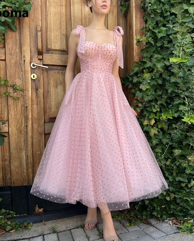 Booma Pink Glitter Hearty Tulle Midi Prom Dresses Sweetheart Bow Straps Tea Length A Line Wedding Party Gowns With Pocke
