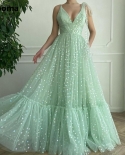 Booma Mint Green Hearty Tulle Evening Dresses 2022 Deep V Neck A Line Prom Dresses With Pockets Open Back Wedding Party 