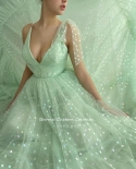 Booma Mint Green Hearty Tulle Evening Dresses 2022 Deep V Neck A Line Prom Dresses With Pockets Open Back Wedding Party 