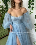 Booma Baby Blue Glitter Hearty Tulle Prom Dresses Strapless Puff Sleeves High Slit A Line Evening Party Dresses Maxi Pro
