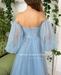 Booma Baby Blue Glitter Hearty Tulle Prom Dresses Strapless Puff Sleeves High Slit A Line Evening Party Dresses Maxi Pro