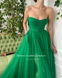 Booma Green Glitter Hearty Tulle Long Prom Dresses Strapless High Side Slit A Line Maxi Evening Party Gowns With Pockets