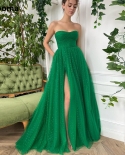 Booma Green Glitter Hearty Tulle Long Prom Dresses Strapless High Side Slit A Line Maxi Evening Party Gowns With Pockets