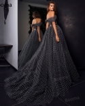 Booma Simple Black Dotted Tulle Prom Gowns  Off The Shoulder A Line Prom Dresses Open Back Floor Length Formal Party Dre