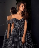 Booma Simple Black Dotted Tulle Prom Gowns  Off The Shoulder A Line Prom Dresses Open Back Floor Length Formal Party Dre