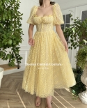Booma Yellow Lace Midi Prom Dresses Square Neck Short Puff Sleeves Tealength Wedding Party Dresses Pockets Aline Formal 