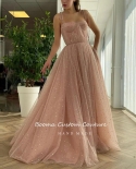 Booma Baby Pink Starry Tulle Prom Dresses Spaghetti Straps Pleated Long Prom Gowns With Pockets Aline Wedding Party Dres