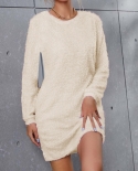 Womens Round Neck Long Sleeve Dress Pullover Solid Color Plush Dress Loose Sweater Dresses For Women