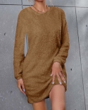 Womens Round Neck Long Sleeve Dress Pullover Solid Color Plush Dress Loose Sweater Dresses For Women