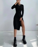 Autumn Winter Knitted Dress Women  French Slit Long Sleeve Sweater Dress Female Elegant Chic Slim Tight Fitting Party Dr