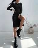 Autumn Winter Knitted Dress Women  French Slit Long Sleeve Sweater Dress Female Elegant Chic Slim Tight Fitting Party Dr