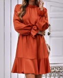 Women Dresses Ruffle Long Sleeves Elegant Dress Spring Autumn Solid Color Ruffled Hem Mini Dress Round Neck Long Sleeve 