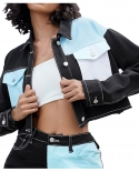 Spring Autumn Women Jackets Fashion Contrast Colorblock Cropped Jackets Ladies Casual Long Sleeve Jackets Streetwear Out