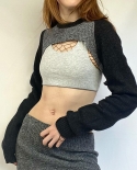 Casual Sweater Cropped Top Fashion Color Matching Y2k Knit Super Short Tee Shirt Autumn Basic Harajuku Women Cut Out Pul