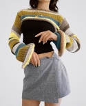 Womens Color Matching Cut Out Knitted Sweater Autumn Winter Long Sleeve Pullover Crop Top Sweater Knitwear Ladies Sweate