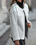 Autumn Winter Casual Plush Womens Long Sleeve Sequin Zipper Round Neck Reversible Velvet Loose Coat Casual Zip Up Jacke