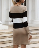 Womens Trendy Knitted Dresses Autumn Winter Patchwork Striped Long Sleeves Dresses Women Casual Loose Knitted Pullover D