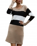 Womens Trendy Knitted Dresses Autumn Winter Patchwork Striped Long Sleeves Dresses Women Casual Loose Knitted Pullover D