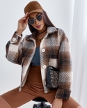 Winter Jacket Women Coat Loose Plaid Thick Coat Fashion Cropped Flannel Wool Blend Plaid Jacket Long Sleeve Button Down 