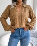 Womens Fall Long Sleeve Turndown Collar Solid Color Cable Knit Chunky Casual Oversized Pullover Sweater Tops Pullover Ou