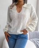 Womens Fall Long Sleeve Turndown Collar Solid Color Cable Knit Chunky Casual Oversized Pullover Sweater Tops Pullover Ou