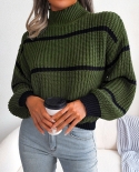 Winter Womens Oversized Long Sleeve Striped Sweater Casual Turtleneck Side Split Tunic Pullover Jumper Knit Turtle Neck 