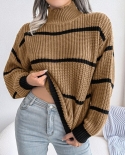 Winter Womens Oversized Long Sleeve Striped Sweater Casual Turtleneck Side Split Tunic Pullover Jumper Knit Turtle Neck 
