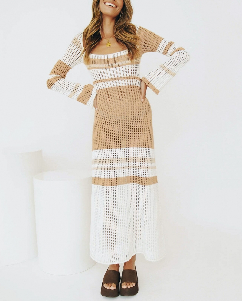 Y2k Off The Shoulder Women Dress 2022 Autumn Knit Colored Striped Long Sleeve Dresses Female Elegant  Beach Lady Maxi Ro