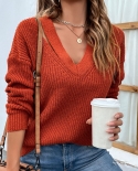 Womens Autumn Winter Sweater Pullovers 2022  V Neck Long Sleeve Knit Pullover Oversized Tops Solid Color Casual Knitwear
