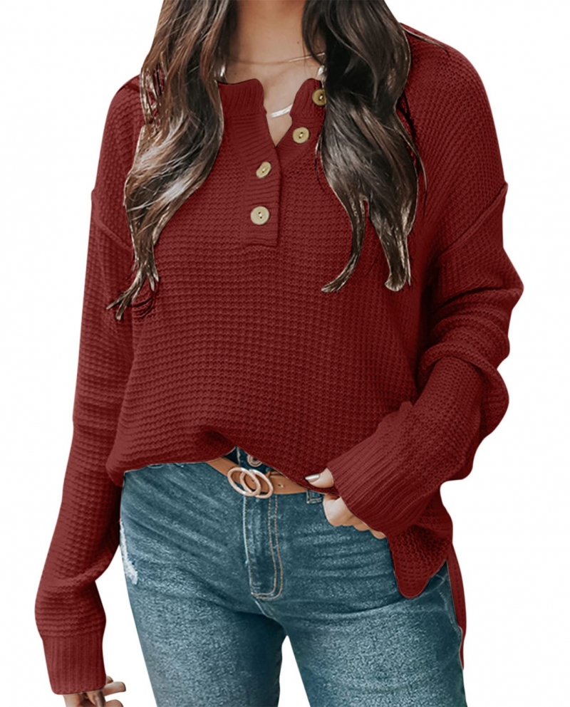 Womens Oversized Fuzzy Button Crewneck Long Sleeve Sweaters Casual Loose Knitted Pullover Jumper Tops Mock Neck Sweater