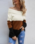 Fashionable Matching Off The Shoulder Sweaters Pullovers Oversized Knitted Tops Patchwork Color Sweaters Long Sleeve Pul