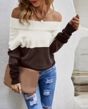 Fashionable Matching Off The Shoulder Sweaters Pullovers Oversized Knitted Tops Patchwork Color Sweaters Long Sleeve Pul