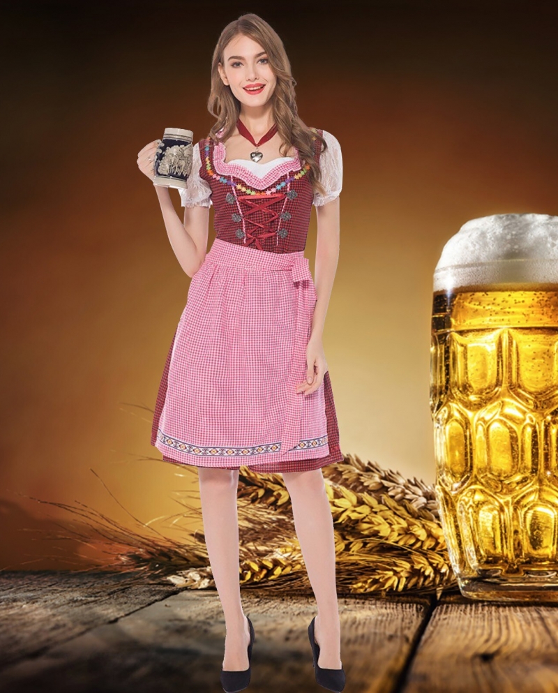 US 18.08 German Bavarian Beer Wench Carnival Womens Oktoberfest Dress Party Plaid Square Shoulder Oktoberfest Beer Girl Costume Description