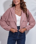 Women Corduroy Long Sleeve Jacket Cropped Jacket Zip Up Hooded Jacket Fall Winter Outwear Solid Color Loose Casual Short