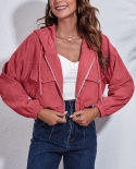 Women Corduroy Long Sleeve Jacket Cropped Jacket Zip Up Hooded Jacket Fall Winter Outwear Solid Color Loose Casual Short