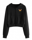Zip Up Hoodie Women Casual Solid Color Long Sleeve Hoodies Zipper Harajuku Pocket Embroidery Butterfly Hooded Sweatshirt