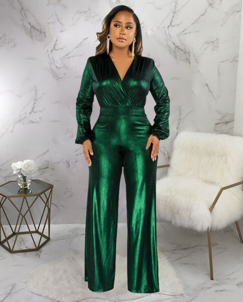  Bronzing Long Sleeve Wide Leg Pant Jumpsuit Women V Neck One Pieces Rompers Night Clubwear Outfits