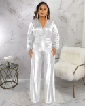  Bronzing Long Sleeve Wide Leg Pant Jumpsuit Women V Neck One Pieces Rompers Night Clubwear Outfits