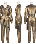 2023  Women Shiny Metallic Long Sleeve V Neck High Waist Jumpsuits Overalls