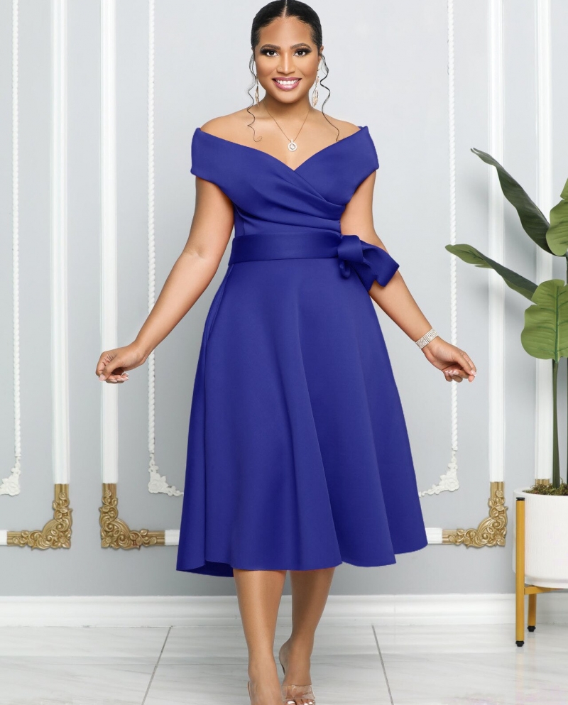 US$37.18-Women Vintage Belt High Waist Big Swing Off Shoudler V Neck Dress  Party Chic Gown Dresses Vestidos-Description