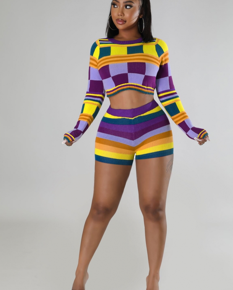 43 77 Knitted Multi Color Stitching Shorts Two Piece Set Women