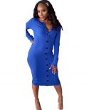 Women Fashion Autumn Winter Long Sleeve Casual Round Color Solid Color Button Midi Bodycon Skirt Ladies Party Dress