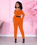 Two Piece Set Tracksuit Outfits  Women Deep V Neck Off The Shoulder Splice Top And Slim Pants Suit