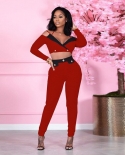 Two Piece Set Tracksuit Outfits  Women Deep V Neck Off The Shoulder Splice Top And Slim Pants Suit
