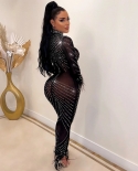 Sheer Mesh  See Through Bodycon Jumpsuit Women Elegant Overalls Rhinestone Jumpsuits Birthday Club Outfits