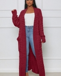 Women Knit Ribbed Hemp Flower Long Sleeve With Pocket Open Stitch Maxi Slim Cardigan Sweater Winter Autumn 2022 Outcoat