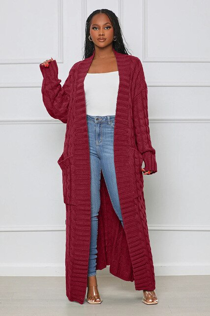 US 47.93 Women Knit Ribbed Hemp Flower Long Sleeve With Pocket Open Stitch Maxi Slim Cardigan Sweater Winter Autumn 2022 Outcoat Description